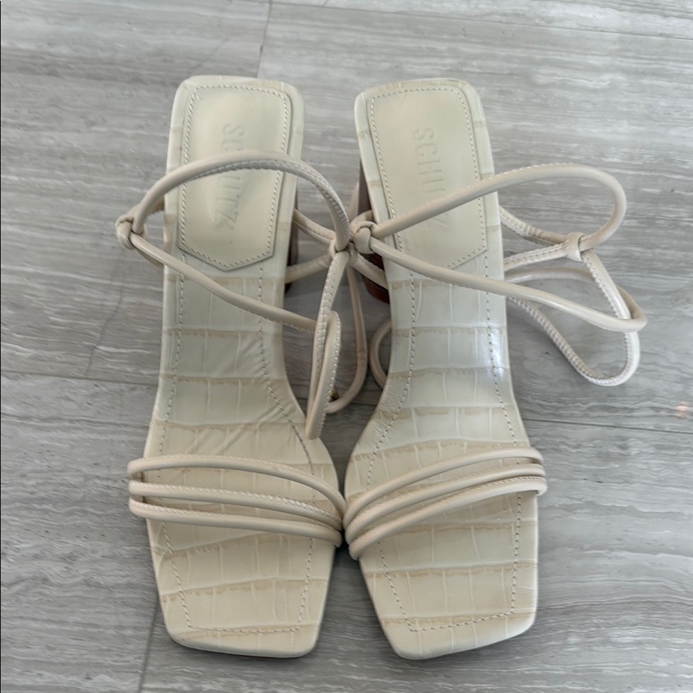 SCHUTZ Cream Heeled Boots with Thin Straps and Square Toe Design